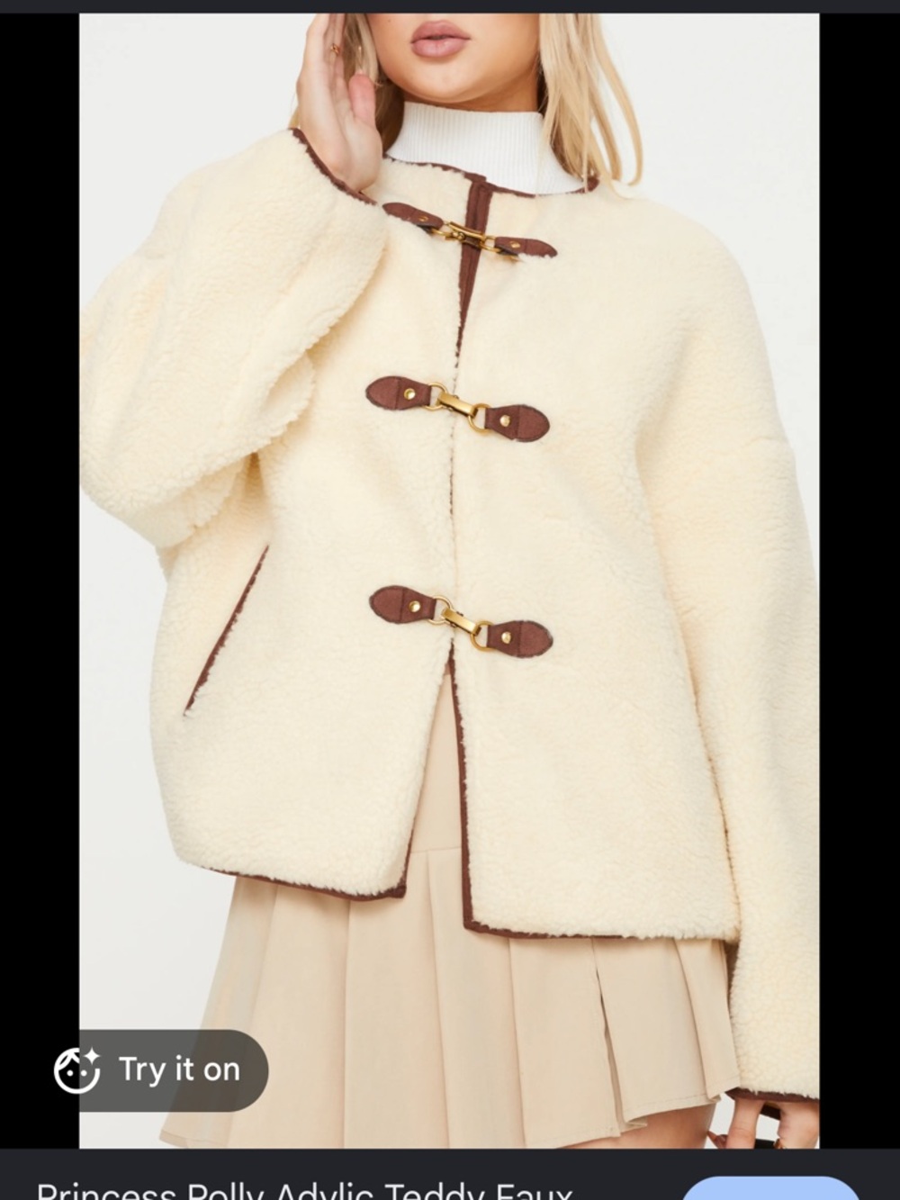 Princess Polly Adylis Teddy Faux Shearling Jacket Cream Brown Size 0 XS